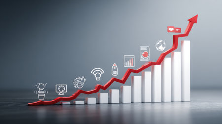 Growth Concept with Red Arrow and Icons Representing Technology, Data Analysis, and Business Metrics Against a Minimalistic Backgroundの素材