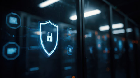 Futuristic Data Security Concept with Shield Icon and Digital Interface Displayed on Glass Panel in a Server Room Environmentの素材