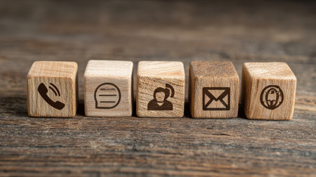 Wooden blocks with icons representing communication methods, including phone, chat, support, email, and notification on a rustic wooden backgroundの素材
