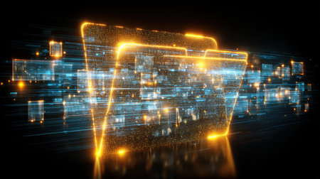Abstract representation of digital data transfer with glowing folder and floating data blocks for technology and information storage conceptsの素材