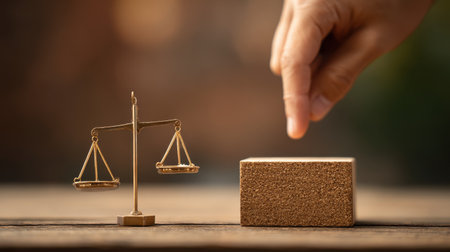 Hands Reaching for Justice with a Symbolic Balance Scale and Minimalist Cork Block on a Wooden Table Represents Legal Decision Making and Fairness in Societyの素材