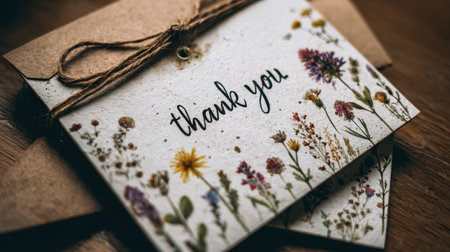 Beautifully Crafted Thank You Card with Floral Design and Natural Elements on Rustic Wooden Background for Gratitude and Appreciation Momentsの素材