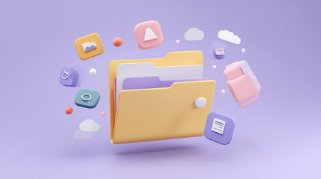 Vibrant Digital Storage Concept with Colorful Folders, Icons, and Cloud Elements on a Soft Purple Background for Organizing Files and Dataの素材