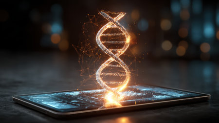 Futuristic representation of DNA helix emerging from a tablet screen showcasing advancements in biotechnology with glowing particles and vivid colorsの素材