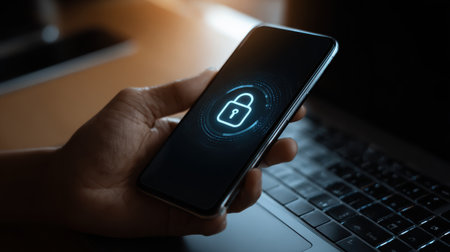 Smartphone with Lock Symbol on Screen for Security Concept, Cybersecurity and Digital Protection in Modern Technology Environmentの素材