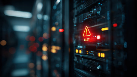 Warning Alert Sign Illuminated on Data Server Panel in Dark Server Room, Showcasing Critical System Alerts and Technology Operations in a Modern Data Centerの素材