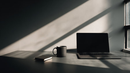 Sunlight Falls Across Minimalist Workspace with Laptop, Notebook, and Coffee Cup, Creating a Warm and Inviting Atmosphere for Productivityの素材