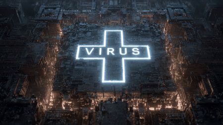 Futuristic Digital Scene Featuring Illuminated Virus Symbol in Abstract Technology Environment with Circuit Patterns and Neon Light Effectsの素材
