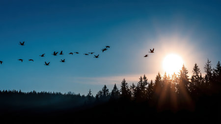 Scenic Dawn with Silhouetted Trees and Flock of Birds Flying Against a Vibrant Sky and Rising Sunの素材
