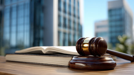 Elegant Wooden Gavel Resting on a Law Book with Modern Office Buildings in the Background Under Bright Blue Skyの素材