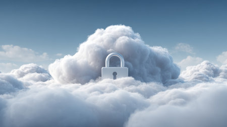 Cloud Storage Security Representation with a Padlock Surrounded by Fluffy Clouds and a Clear Blue Sky for Digital Protection Conceptsの素材