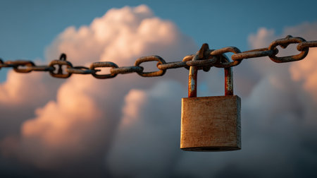 Close-up of rusty padlock hanging on chain against a dramatic sky with clouds showcasing transition from day to night in soft light tonesの素材