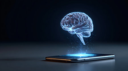 Futuristic Smartphone Displaying Interactive Holographic Brain Concept Over Dark Background for Technology and Innovation Themesの素材