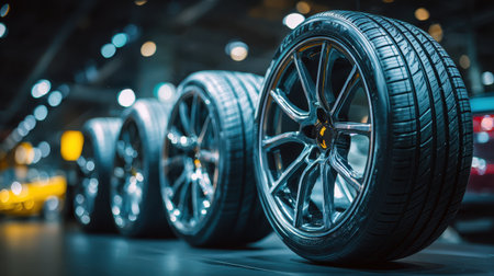 High-Quality Sport Tires on Display at Auto Show with Connected Cars and Architectural Lighting Enhancing Automotive Industry Aestheticsの素材