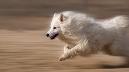 Fluffy white dog running swiftly through a sandy landscape, capturing the joy of freedom and energy in a dynamic motion blur photographの素材