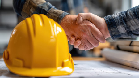 Construction handshake signifies partnership between contractors, builders, workers, collaborations in project development and mutual agreement within industry settingsの素材