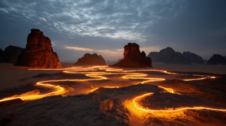 Serene Desert Landscape with Glowing Lava Flow Amidst Rocky Formations under Dramatic Sky at Duskの素材