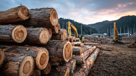 Stacked Logs at a Timber Yard During Sunset with Heavy Machinery and Forest in Background, Creating a Rustic Atmosphere in Natureの素材
