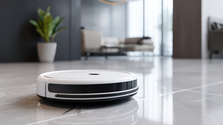 Modern robotic vacuum cleaner on polished floor in contemporary living room interior with bright sunlight streaming through large windowsの素材