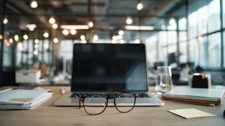 Modern Workspace with Laptop, Glasses, and Stationery in Bright Office Environment Featuring Elegant Lighting and Open Layout Design for Inspirationの素材