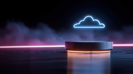 Futuristic Neon Cloud Design Over Glossy Surface with Dramatic Lighting Effects and Elegant Smoke Background for Innovative Concepts and Technology Themesの素材