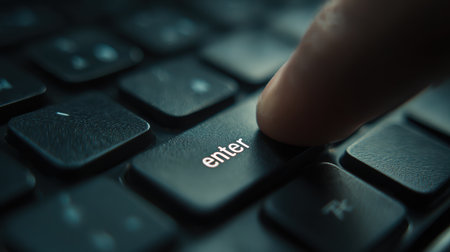 Close-up View of a Finger Pressing the Enter Key on a Black Computer Keyboard with a Soft Focus Background and Visible Texture Detailsの素材
