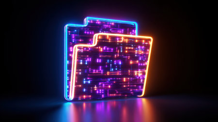 Futuristic glowing file folders with neon lights and circuit patterns on a dark background, representing digital data storage and technology conceptsの素材