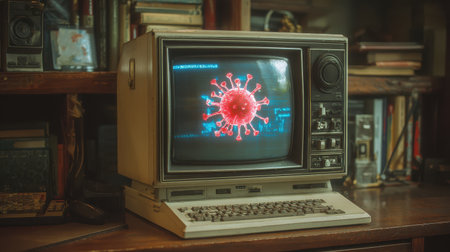 Vintage computer displaying a 3D digital representation of a virus with a nostalgic workspace background, highlighting technology and health themesの素材