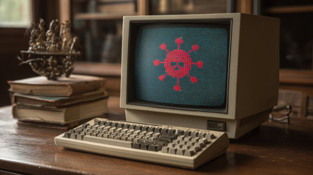 Vintage Computer with Pixelated Virus Icon on Screen, Retro Design, Wooden Desk, Old Books, Nostalgic Technology Environmentの素材