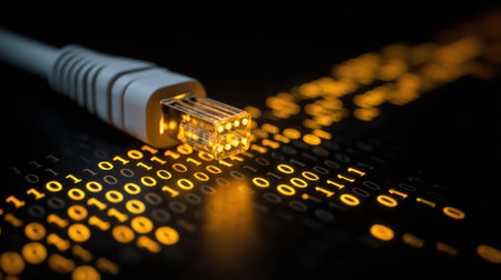 Network Cable with Binary Code Background, Digital Connectivity, Data Transmission, Technology Concept, Modern Communication, Information Flow, Computer Networkの素材