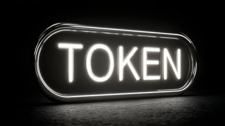 Illuminated Neon Token Sign Against Dark Background for Virtual Currency Concept and Cryptocurrency Promotion in Digital Economyの素材