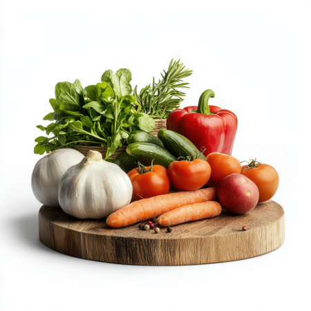 Fresh Vegetables Arrangement with Herbs and Spices on Wooden Cutting Board for Healthy Cooking and Culinary Inspiration in Home Kitchenの素材