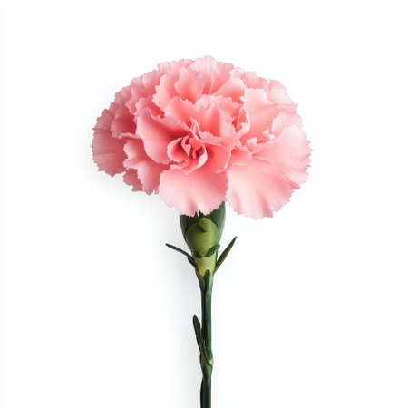 Beautiful pink carnation flower isolated on white background showcasing delicate petals and vibrant color perfect for floral designs and nature themesの素材