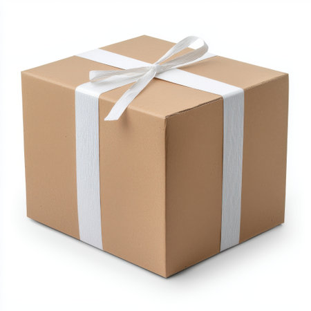 Brown Gift Box Tied with White Ribbon on a White Background Perfect for Presenting Special Occasions Like Birthdays, Holidays, and Celebrationsの素材