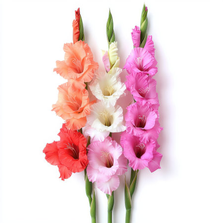 Colorful Gladiolus Flowers in Vibrant Shades of Red, Pink, White, and Orange Arranged Against a Clean Background for Floral Decoration or Gardening Inspirationの素材