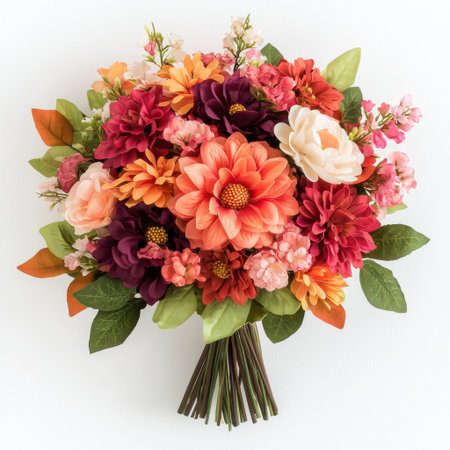 Vibrant Floral Bouquet with Pink, Orange, and Purple Blooms on White Background for Elegant Decoration and Gift Ideasの素材