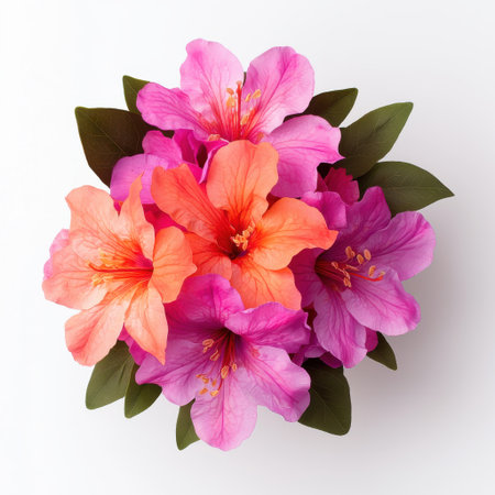 Vibrant Azalea Blossoms in Pink and Orange Shades with Green Leaves on a White Background for Floral Decor or Design Elementsの素材