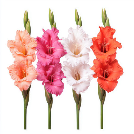 Beautiful arrangement of colorful gladiolus flowers showcasing vibrant shades of pink, white, orange, and peach in a floral composition for nature loversの素材
