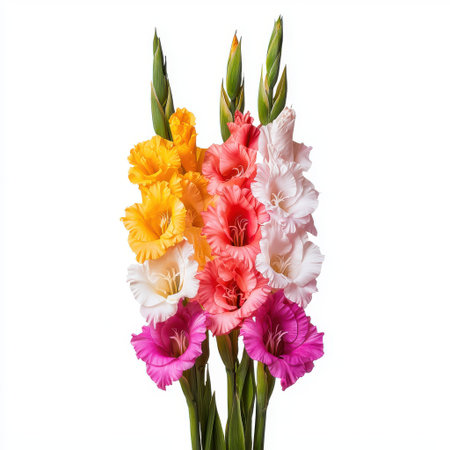 Bright and Colorful Gladiolus Flowers Arrangement in Various Shades of Yellow, Pink, White, and Orange Displayed on a Neutral Backgroundの素材