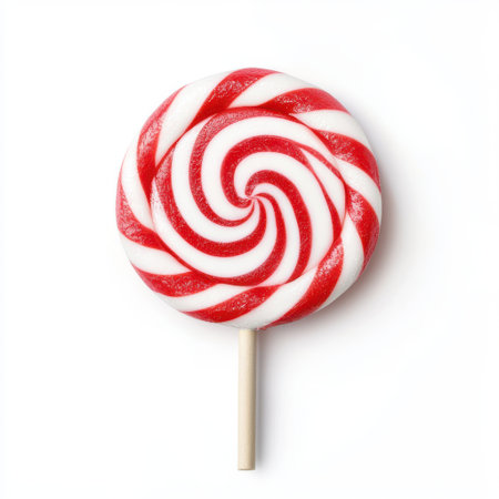 Vibrant Red and White Swirl Lollipop on Wooden Stick Sitting Against a Clean White Background, Perfect for Sweet Treat and Dessert Imageryの素材