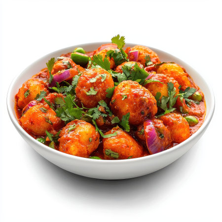 Delicious spicy vegetable balls in rich red gravy garnished with fresh green herbs in a white bowl on a clean surfaceの素材