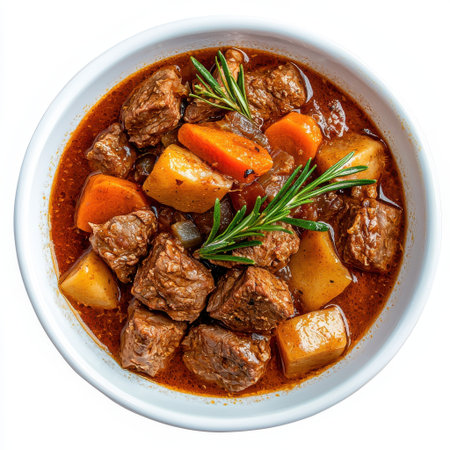 Hearty Beef Stew with Fresh Vegetables and Herbs in White Bowl on a White Background Perfect for Cozy Meal Themesの素材