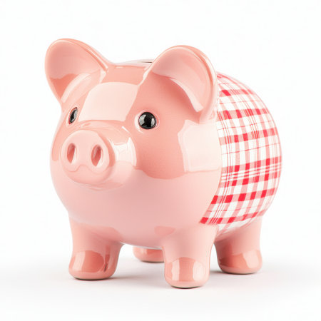 Cute piggy bank with a glossy finish and stylish red plaid design ideal for saving money and promoting financial literacy for children and adults alikeの素材