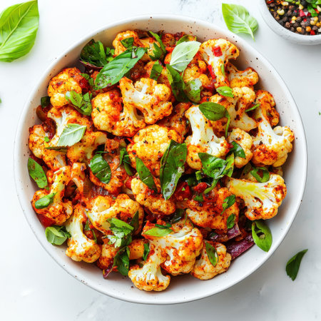 Roasted Cauliflower Salad with Fresh Basil and Spicy Tomato Dressing Served in a White Bowl on a Marble Countertopの素材