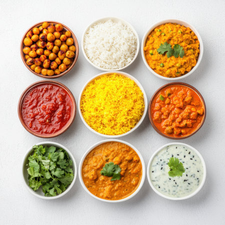 A Colorful Array of Traditional Indian Dishes Featuring Lentils, Rice, Chickpeas, Vegetables, Spices, and Fresh Herbs on a Light Backgroundの素材