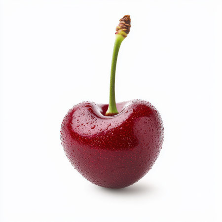 Fresh and Juicy Red Cherry with Water Droplets on White Background Suitable for Health and Food Photography Projectsの素材