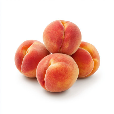 Fresh and Juicy Peaches Stacked Together in a Bright and Vibrant Arrangement on White Background Perfect for Food Photography and Culinary Projectsの素材