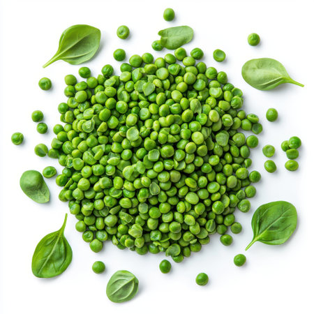 Fresh Bright Green Peas and Spinach Leaves Perfect for Healthy Cooking, Garnishing Dishes, and Nutritional Recipes in a Clean White Backgroundの素材