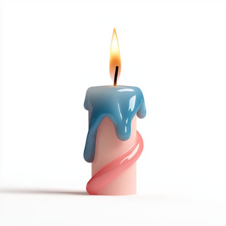 Colorful Dripping Candle with Blue Wax and Pink Base Illuminated by a Flickering Flame Creating a Cozy and Warm Atmosphere for Relaxation and Celebrationの素材