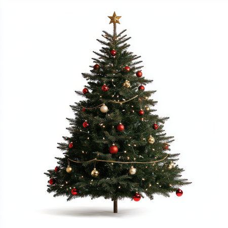 Festive Christmas Tree Decorated with Gold and Red Ornaments and Star on Top, Perfect for Holiday Celebration and Winter Season Decoration Ideasの素材